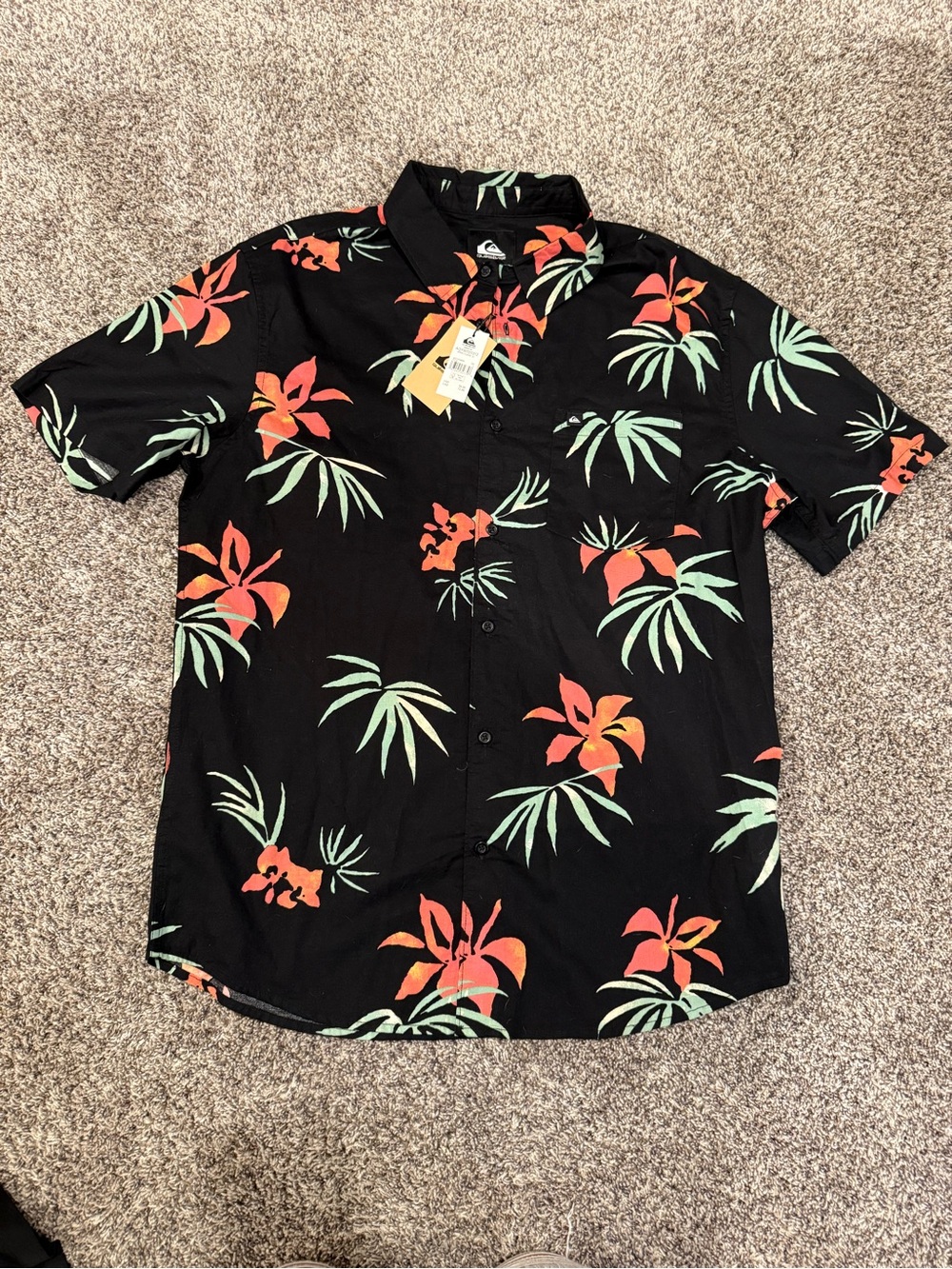 Quiksilver Black Short-Sleeve Button-Down with Coral and Mint Palm Print
